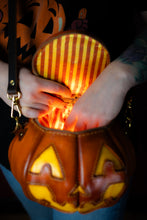 Load image into Gallery viewer, (Made-To-Order) Handmade Leather Pumpkin Bag-Classic Jack-O-Lantern- Weathered Orange &amp; Yellow
